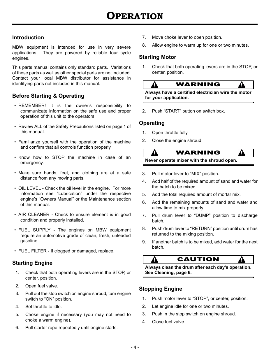 Operation, Introduction, Before starting & operating | Starting engine, Starting motor, Operating, Stopping engine, Peration | MBW MM121 User Manual | Page 7 / 25