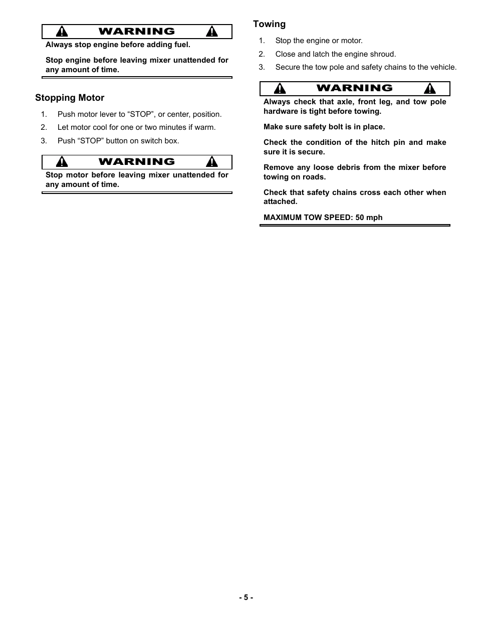 Stopping motor, Towing | MBW MM121 User Manual | Page 8 / 25