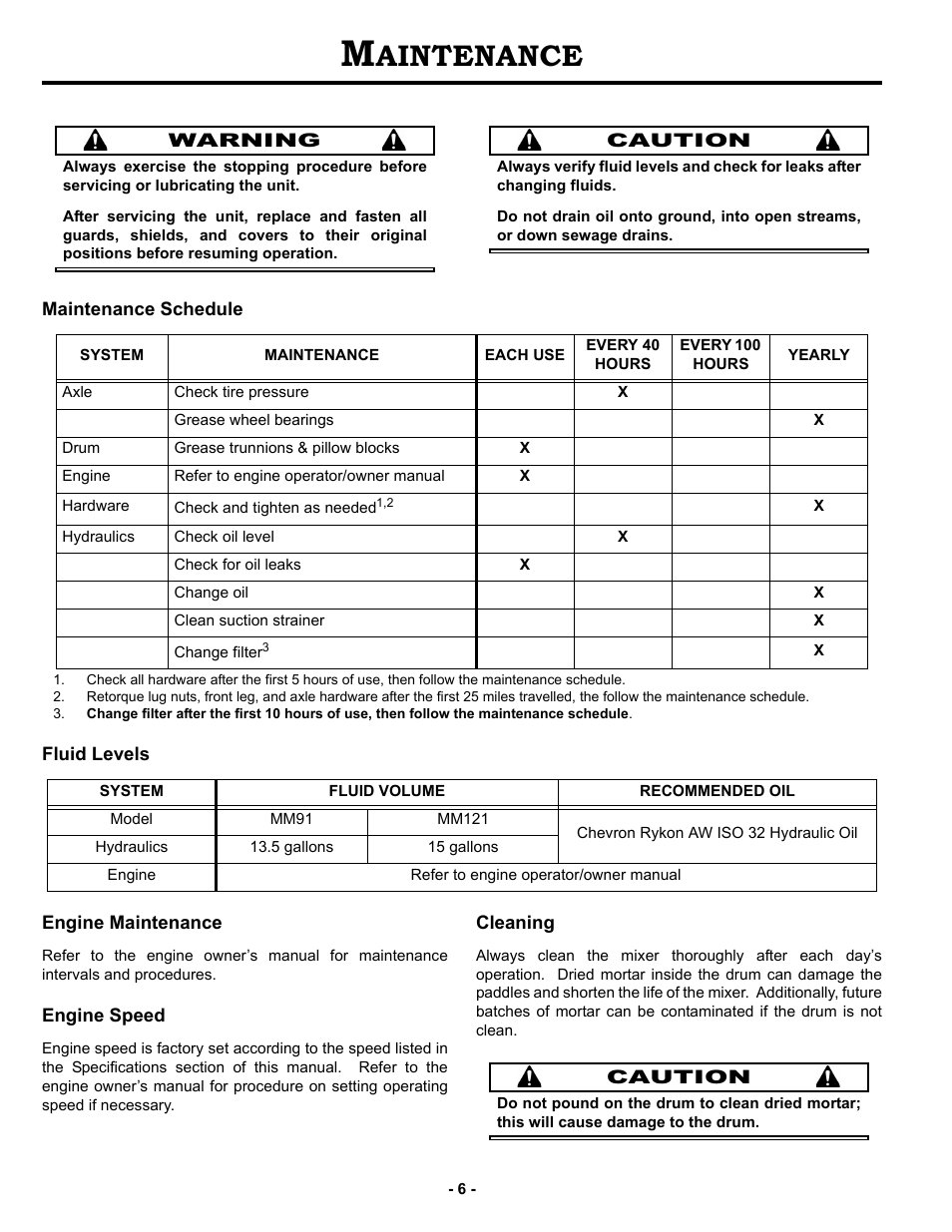 Maintenance, Maintenance schedule, Fluid levels | Engine maintenance, Engine speed, Cleaning, Aintenance | MBW MM121 User Manual | Page 9 / 25
