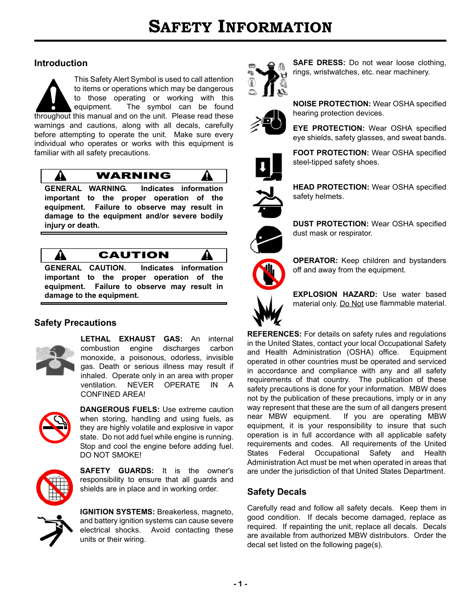 Safety information, Introduction, Safety precautions | Safety decals, Afety, Nformation | MBW BMS95 User Manual | Page 4 / 21