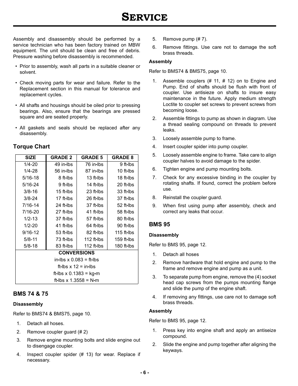 Service, Torque chart, Bms 74 & 75 | Bms 95, Ervice | MBW BMS95 User Manual | Page 9 / 21