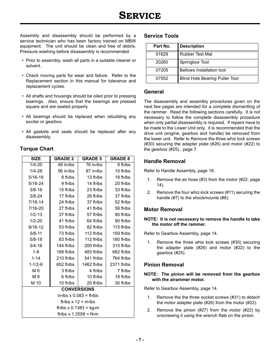 Service, Torque chart, Service tools | General, Handle removal, Motor removal, Pinion removal, Ervice, Torque chart service tools general | MBW AR57 User Manual | Page 10 / 25