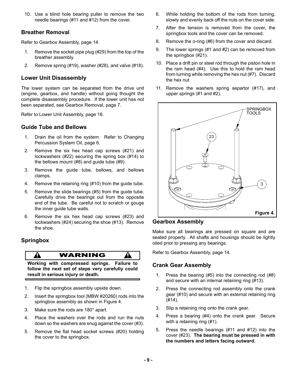 Breather removal, Lower unit disassembly, Guide tube and bellows | Springbox, Gearbox assembly, Crank gear assembly | MBW AR57 User Manual | Page 12 / 25