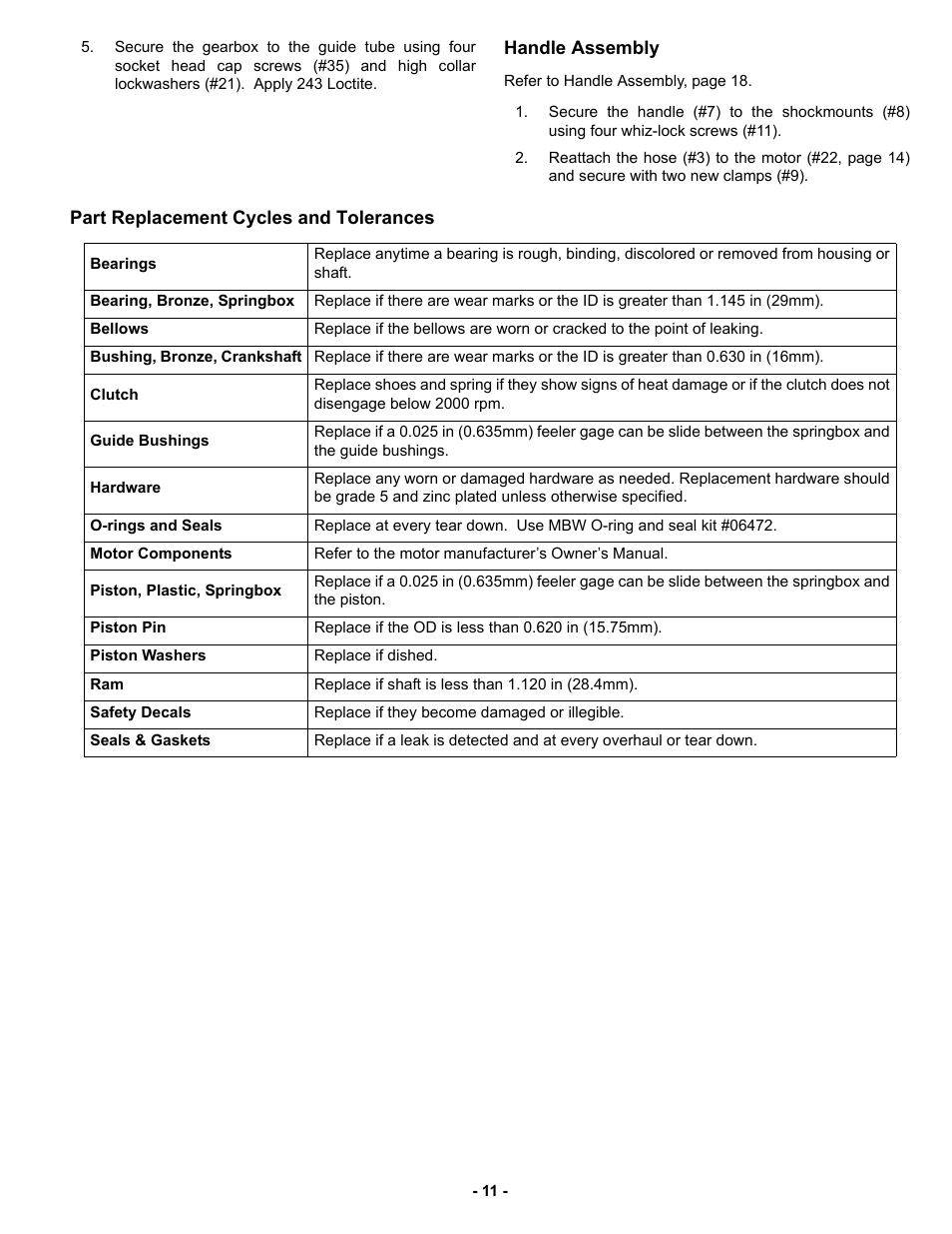 Handle assembly, Part replacement cycles and tolerances | MBW AR57 User Manual | Page 14 / 25