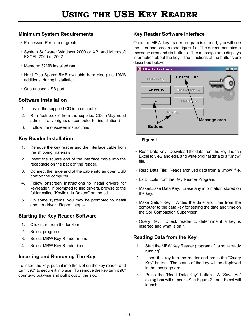 Using the usb key reader, Minimum system requirements, Software installation | Key reader installation, Starting the key reader software, Inserting and removing the key, Key reader software interface, Reading data from the key, Usb k, Sing | MBW SCS2 User Manual | Page 10 / 17