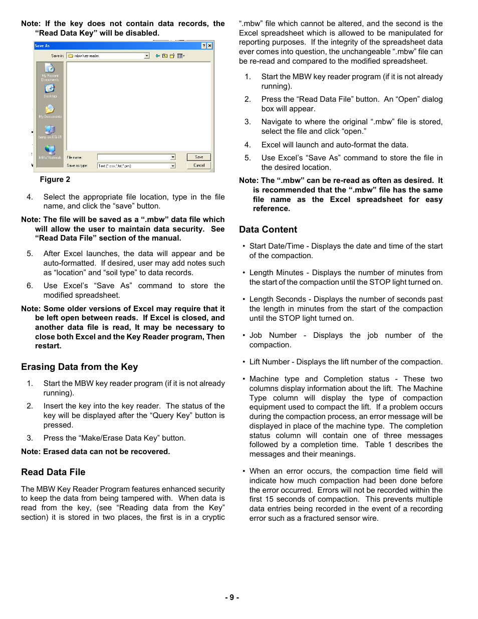 Erasing data from the key, Read data file, Data content | MBW SCS2 User Manual | Page 11 / 17