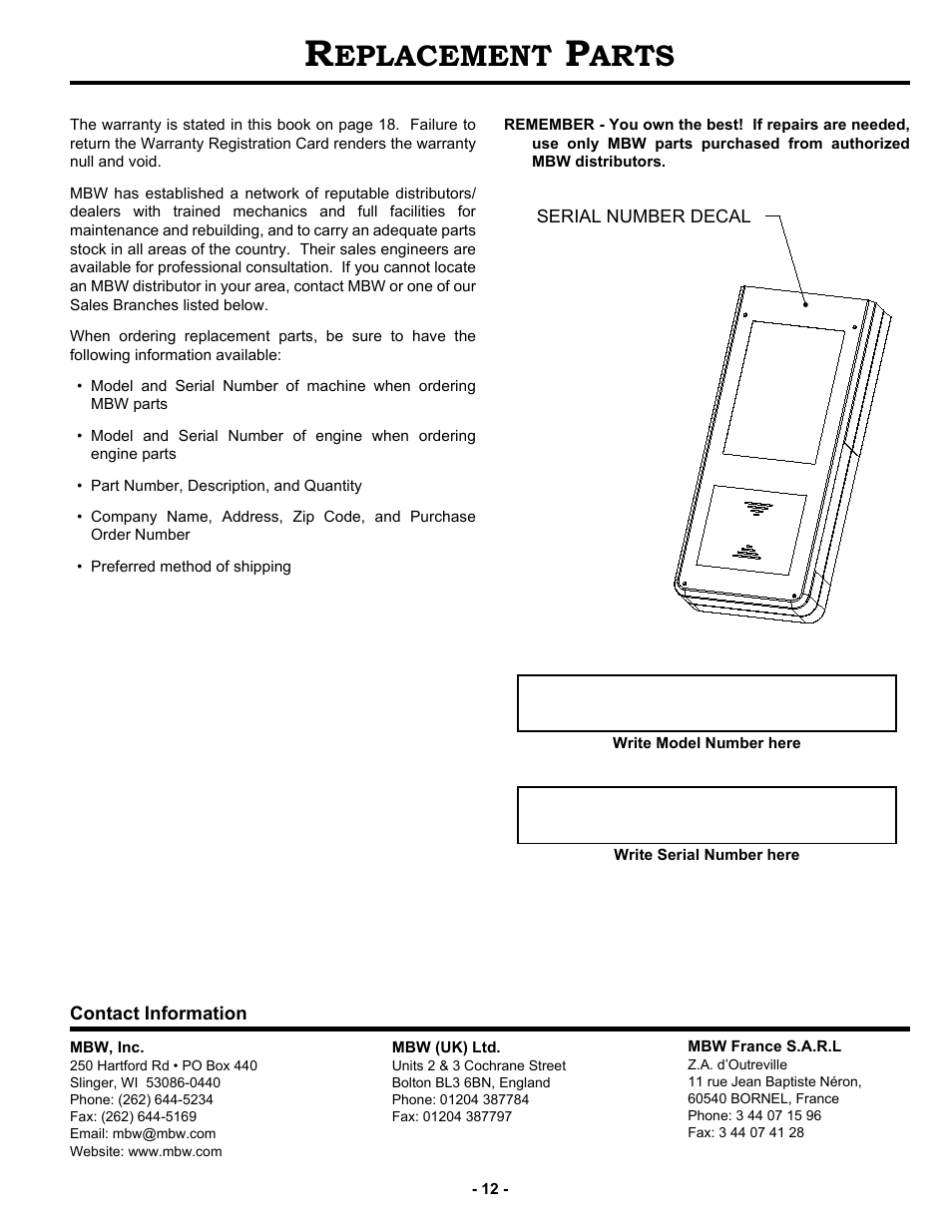 Replacement parts, Eplacement, Arts | MBW SCS2 User Manual | Page 14 / 17