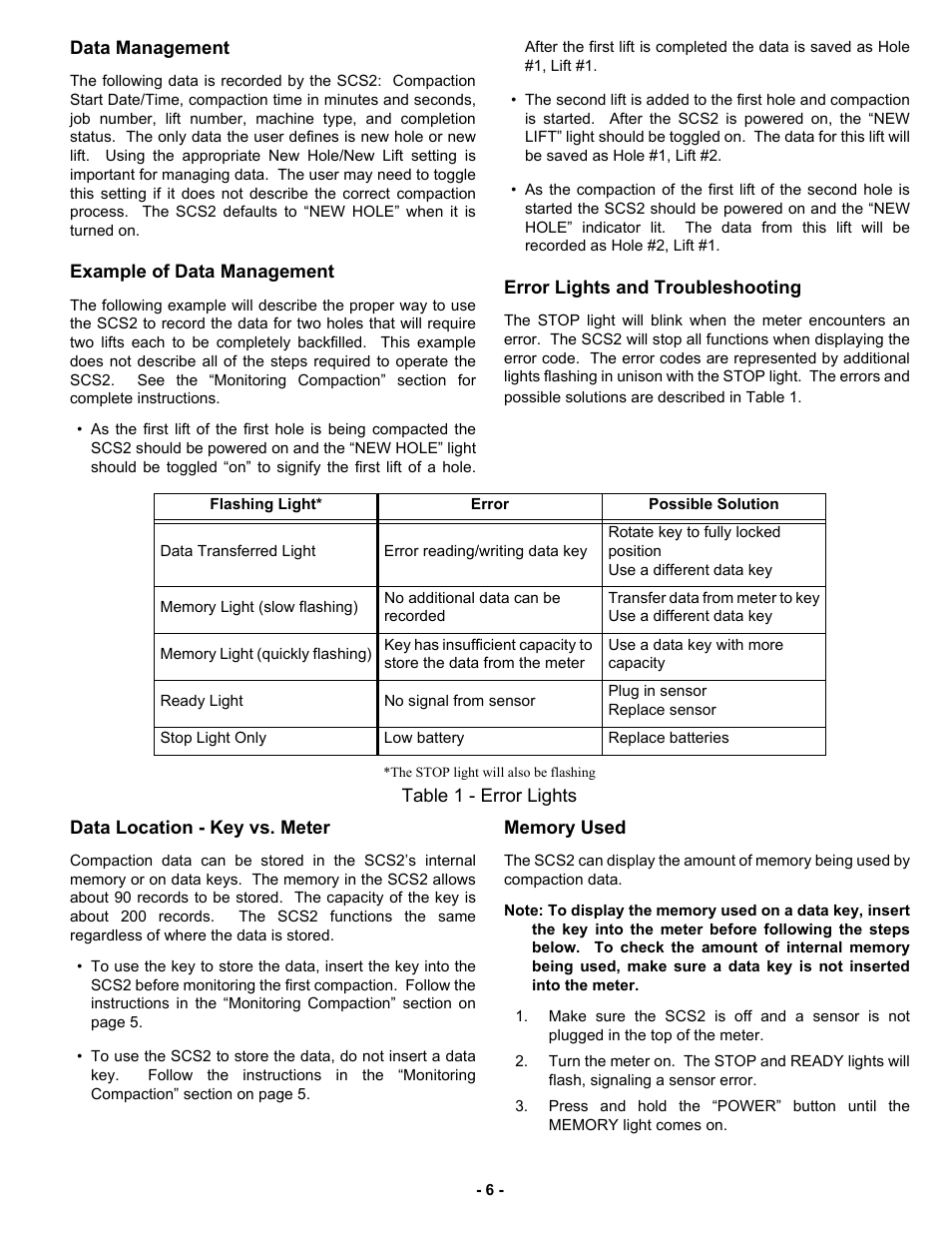 Data management, Example of data management, Error lights and troubleshooting | Data location - key vs. meter, Memory used | MBW SCS2 User Manual | Page 8 / 17