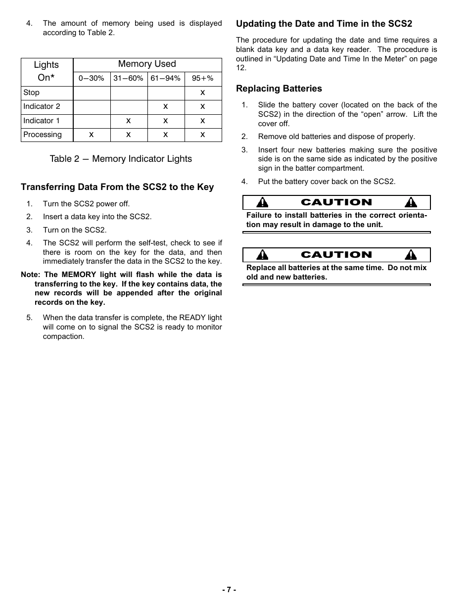 Transferring data from the scs2 to the key, Updating the date and time in the scs2, Replacing batteries | MBW SCS2 User Manual | Page 9 / 17