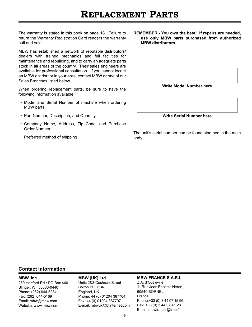 Replacement parts, Eplacement, Arts | MBW VS77M User Manual | Page 12 / 21