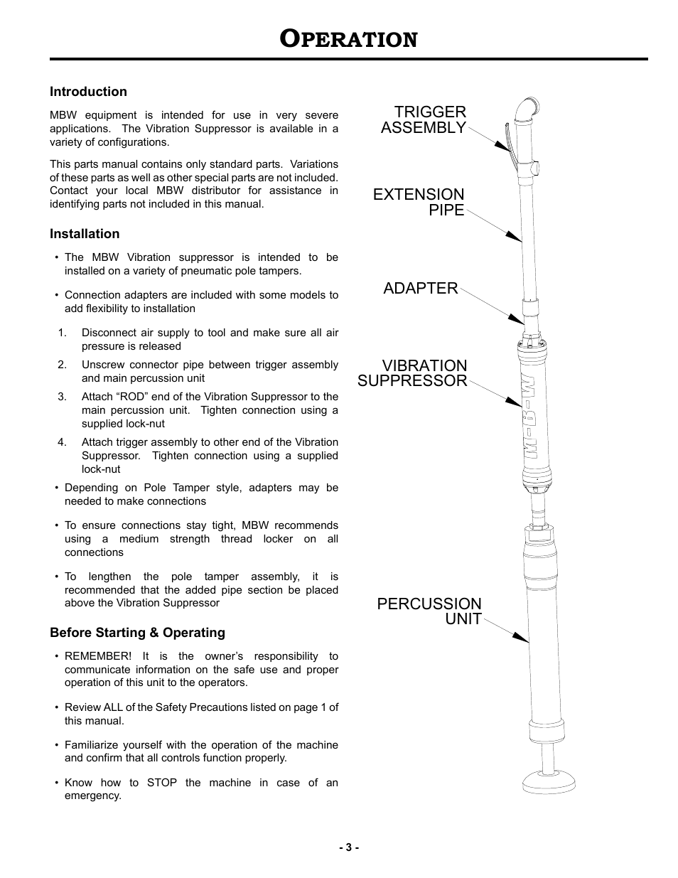 Operation, Introduction, Installation | Before starting & operating, Peration | MBW VS77M User Manual | Page 6 / 21