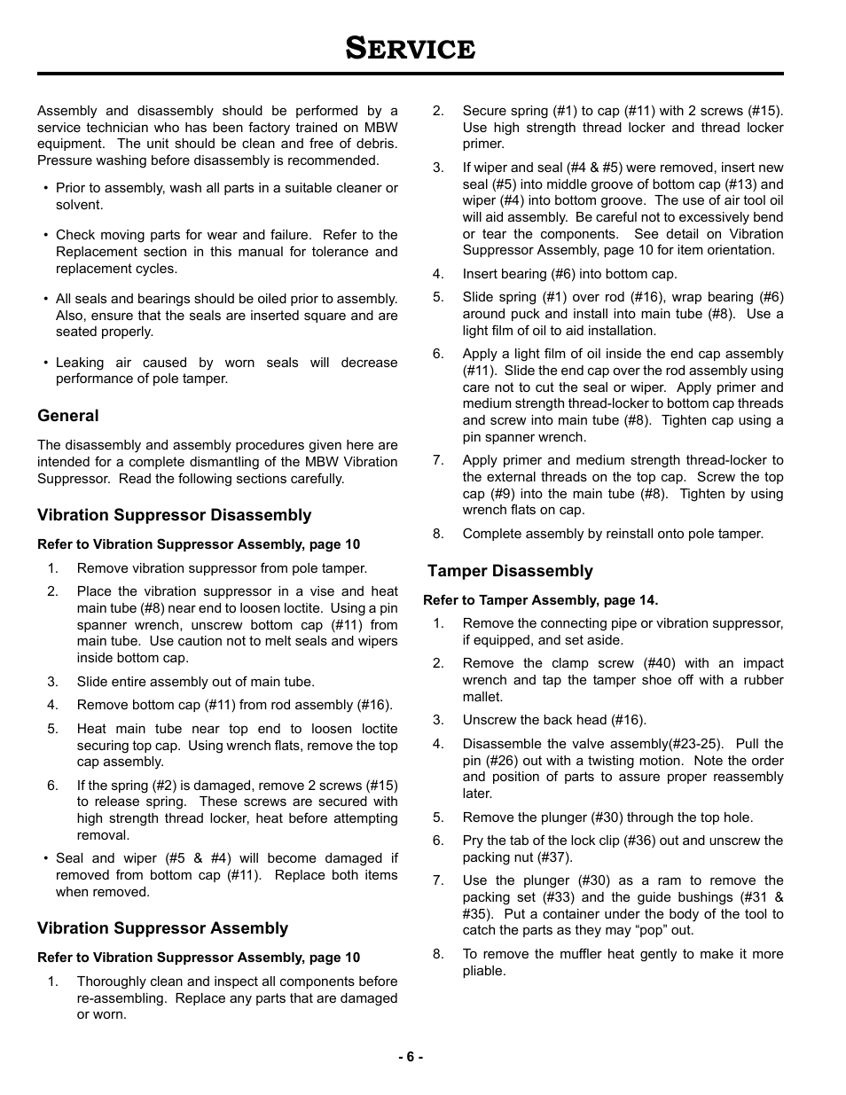 Service, General, Vibration suppressor disassembly | Vibration suppressor assembly, Tamper disassembly, Ervice | MBW VS77M User Manual | Page 9 / 21