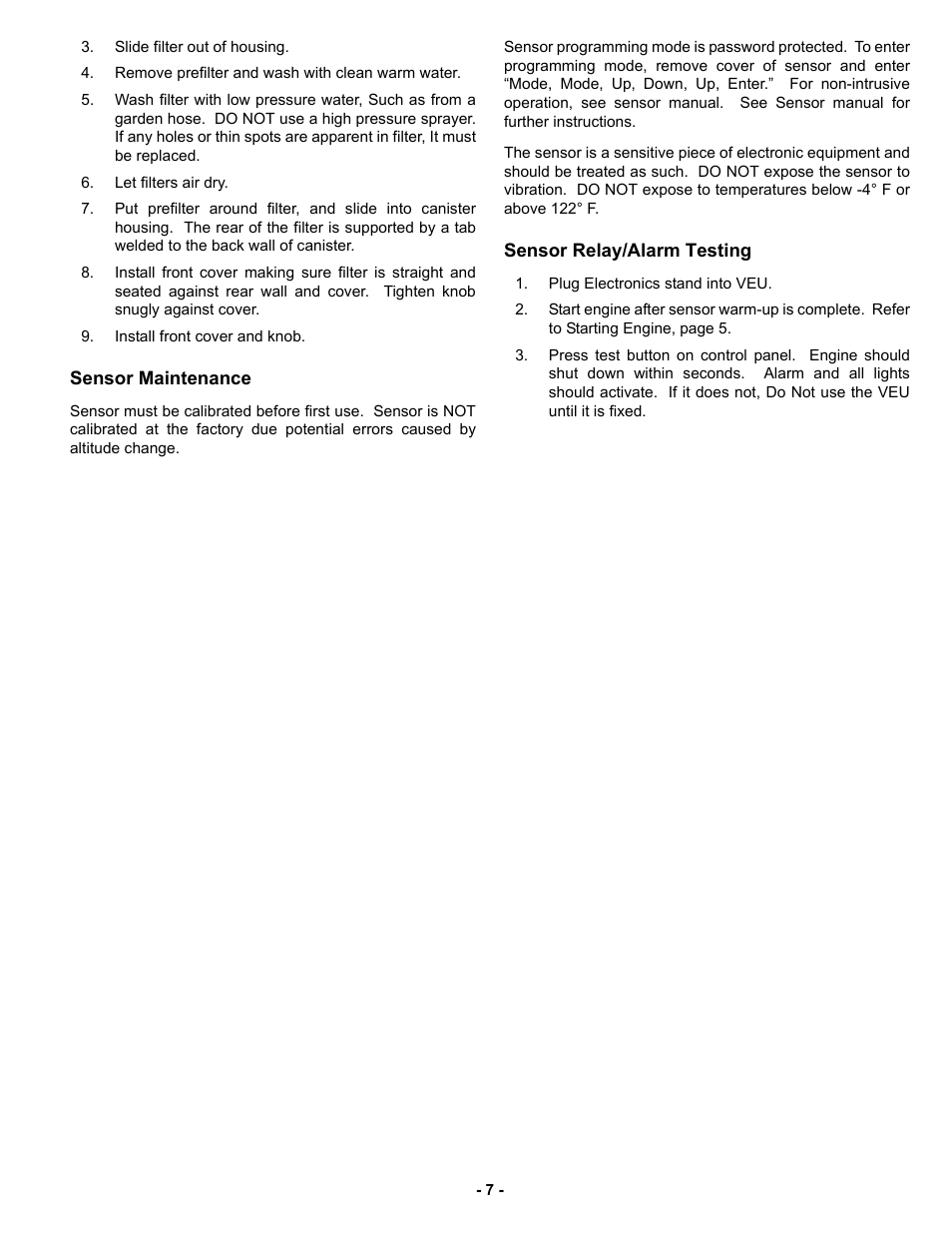 Sensor maintenance, Sensor relay/alarm testing | MBW V.E.U. User Manual | Page 10 / 33