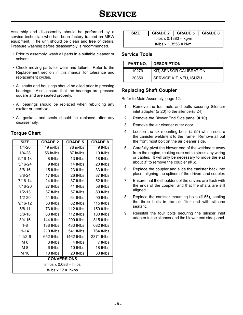 Service, Torque chart, Service tools | Replacing shaft coupler, Ervice, Torque chart service tools replacing shaft coupler | MBW V.E.U. User Manual | Page 11 / 33