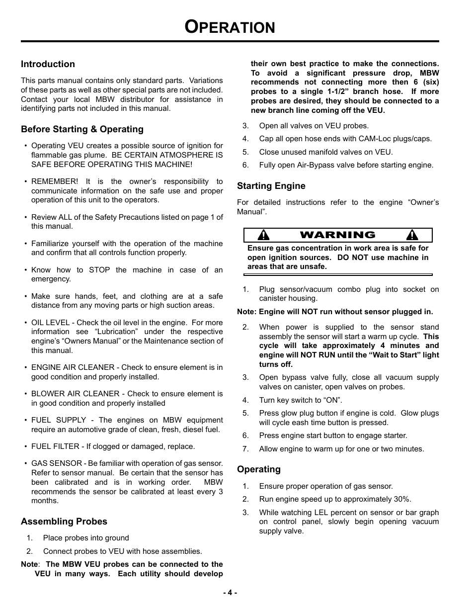 Operation, Introduction, Before starting & operating | Assembling probes, Starting engine, Operating, Peration | MBW V.E.U. User Manual | Page 7 / 33