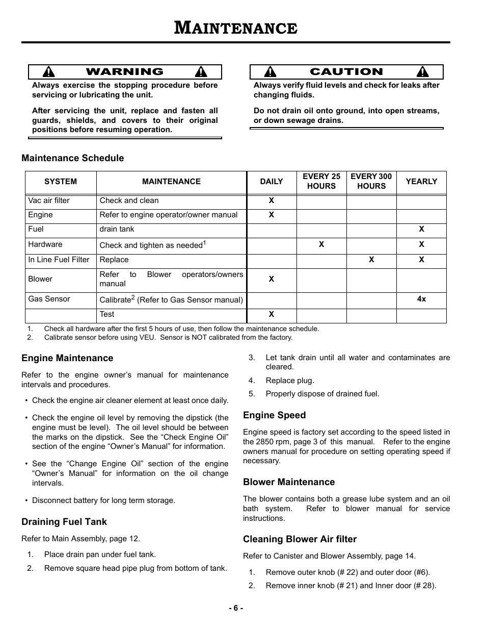 Maintenance, Maintenance schedule, Engine maintenance | Draining fuel tank, Engine speed, Blower maintenance, Cleaning blower air filter, Aintenance | MBW V.E.U. User Manual | Page 9 / 33