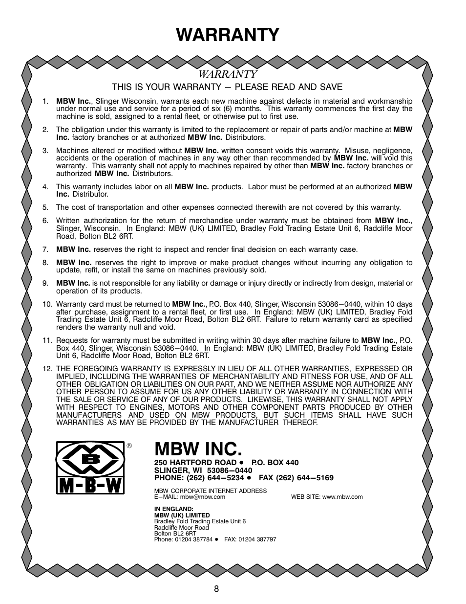 Warranty, Mbw inc | MBW CG200 User Manual | Page 10 / 56