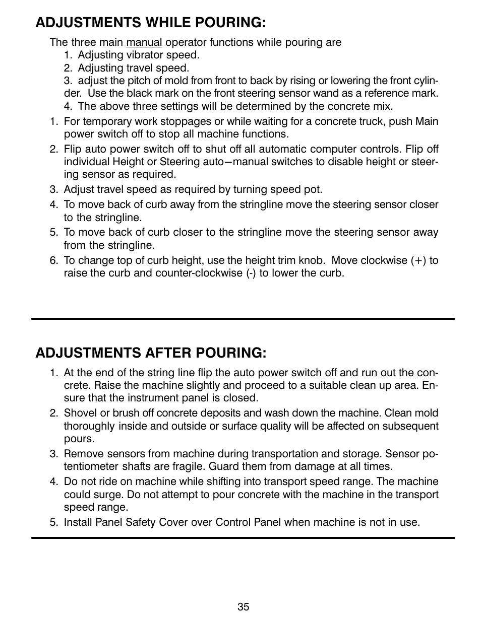Adjustments while pouring, Adjustments after pouring | MBW CG200 User Manual | Page 37 / 56