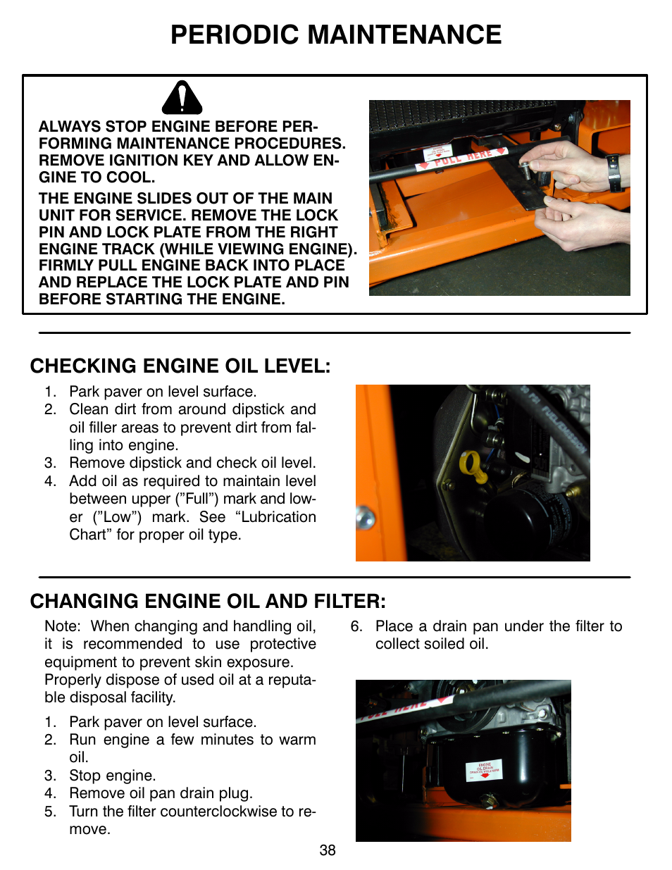 Periodic maintenance, Checking engine oil level, Changing engine oil and filter | MBW CG200 User Manual | Page 40 / 56