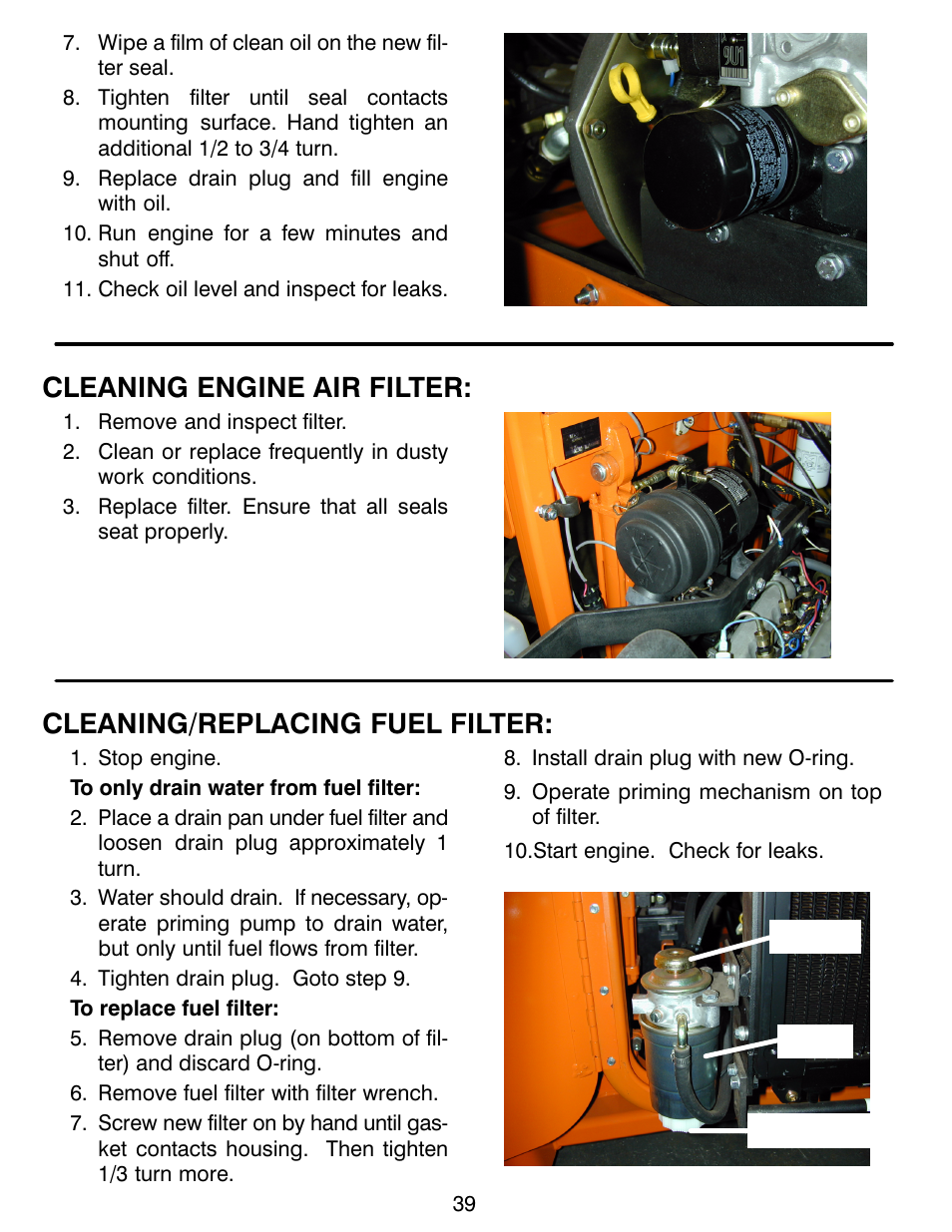 Cleaning engine air filter, Cleaning/replacing fuel filter, Primer filter drain plug | MBW CG200 User Manual | Page 41 / 56