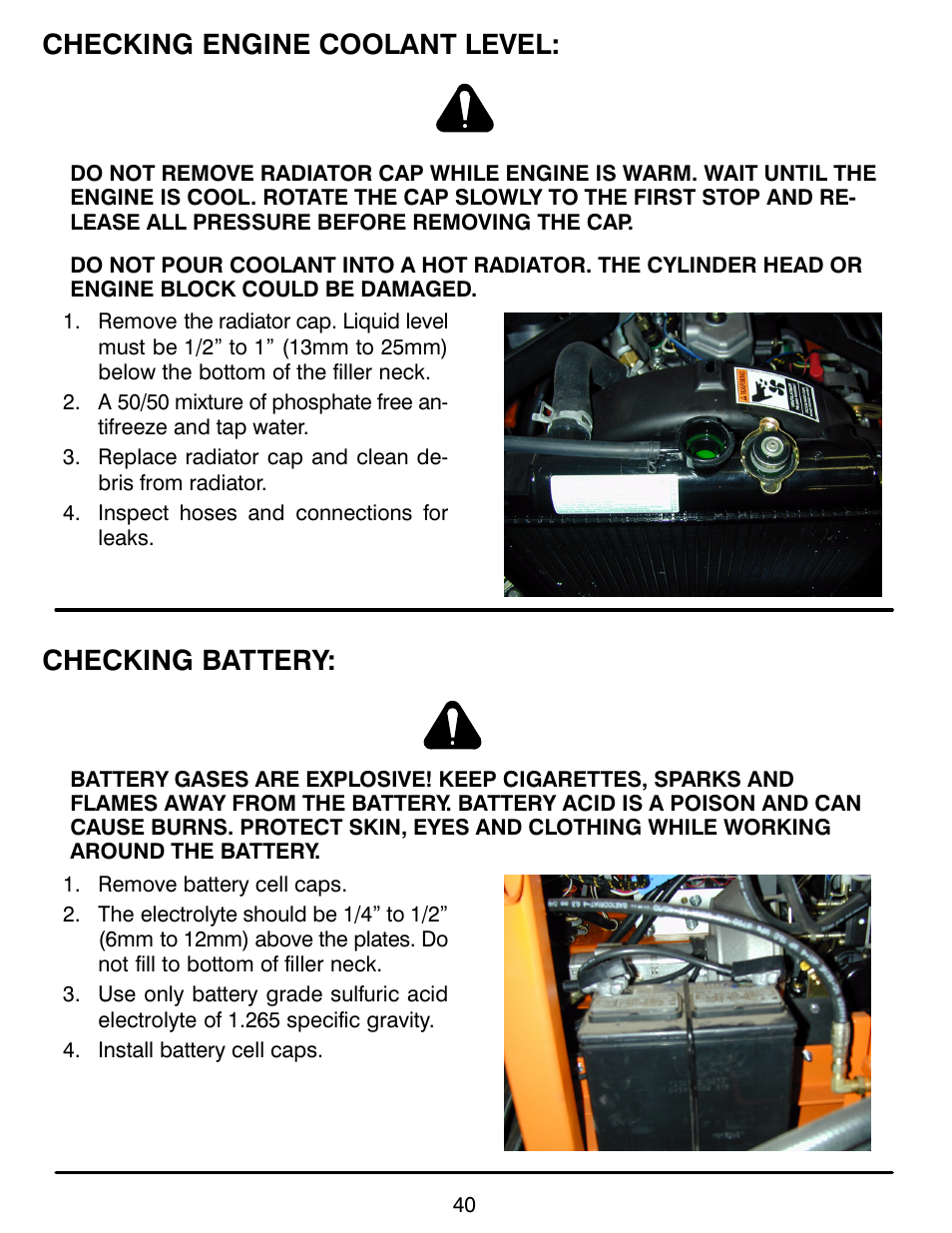Checking engine coolant level, Checking battery | MBW CG200 User Manual | Page 42 / 56