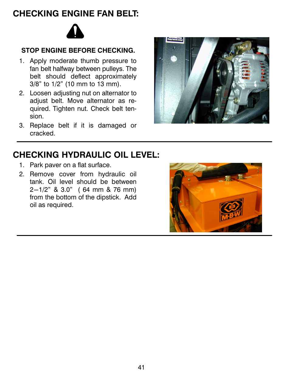 Checking engine fan belt, Checking hydraulic oil level | MBW CG200 User Manual | Page 43 / 56