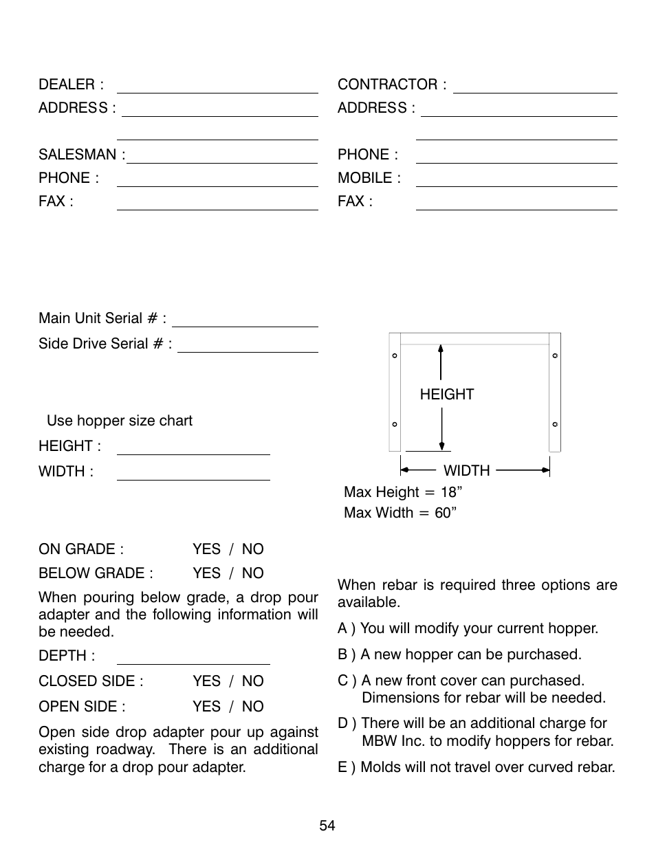Mbw inc. mold order form | MBW CG200 User Manual | Page 56 / 56