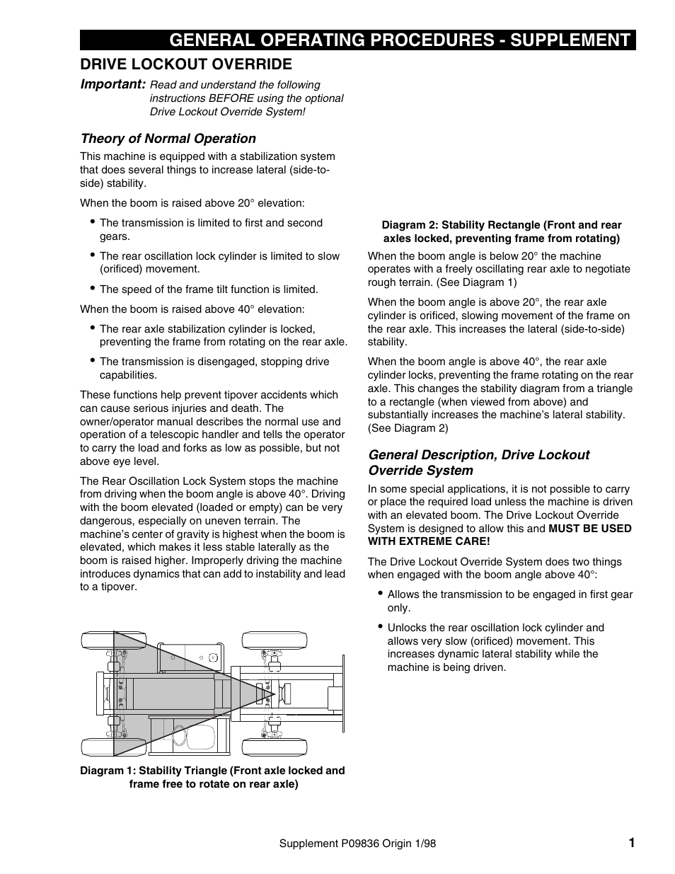 General operating procedures - supplement, Drive lockout override | Lull 644B Operation Manual User Manual | Page 37 / 42