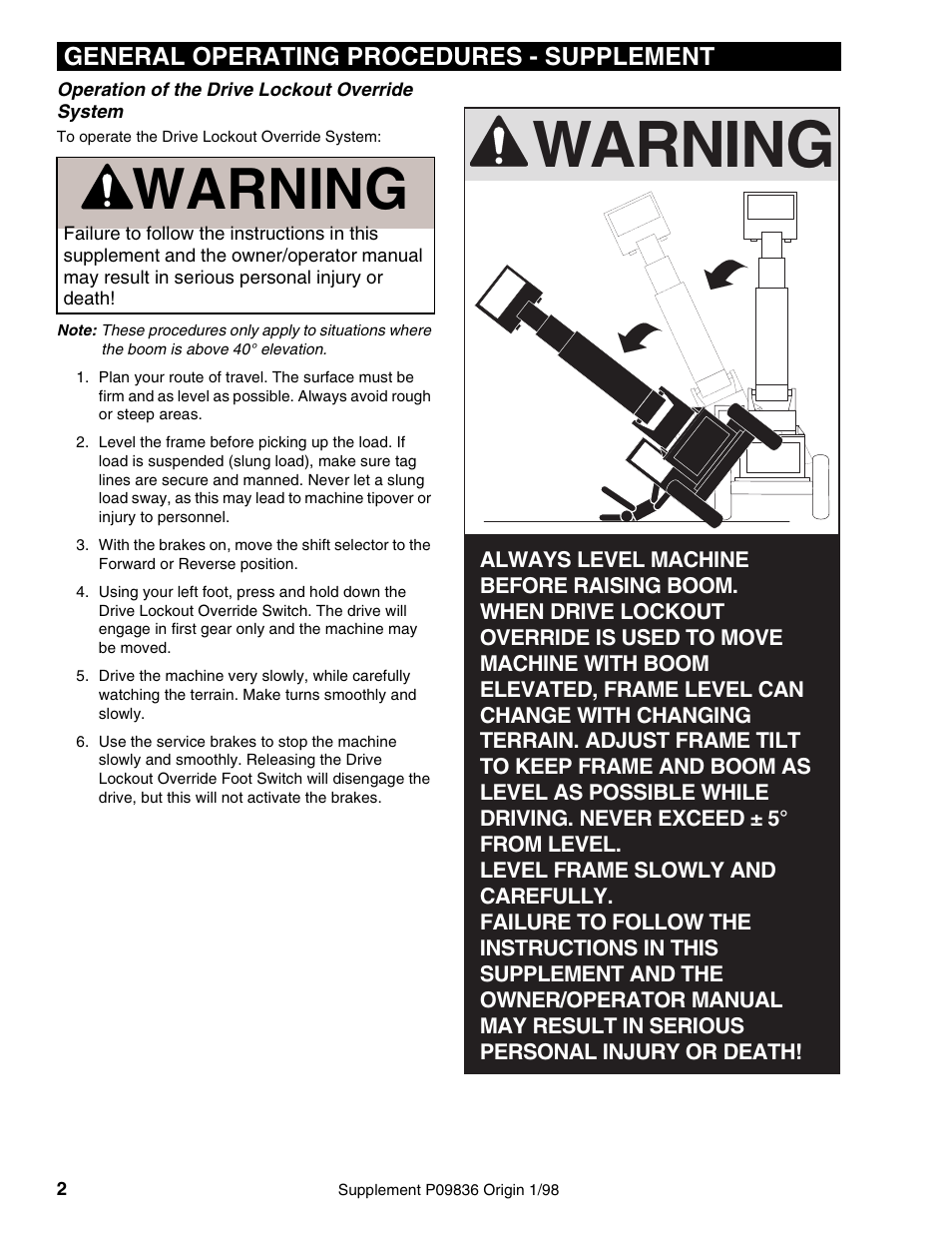 Warning, General operating procedures - supplement | Lull 644B Operation Manual User Manual | Page 38 / 42