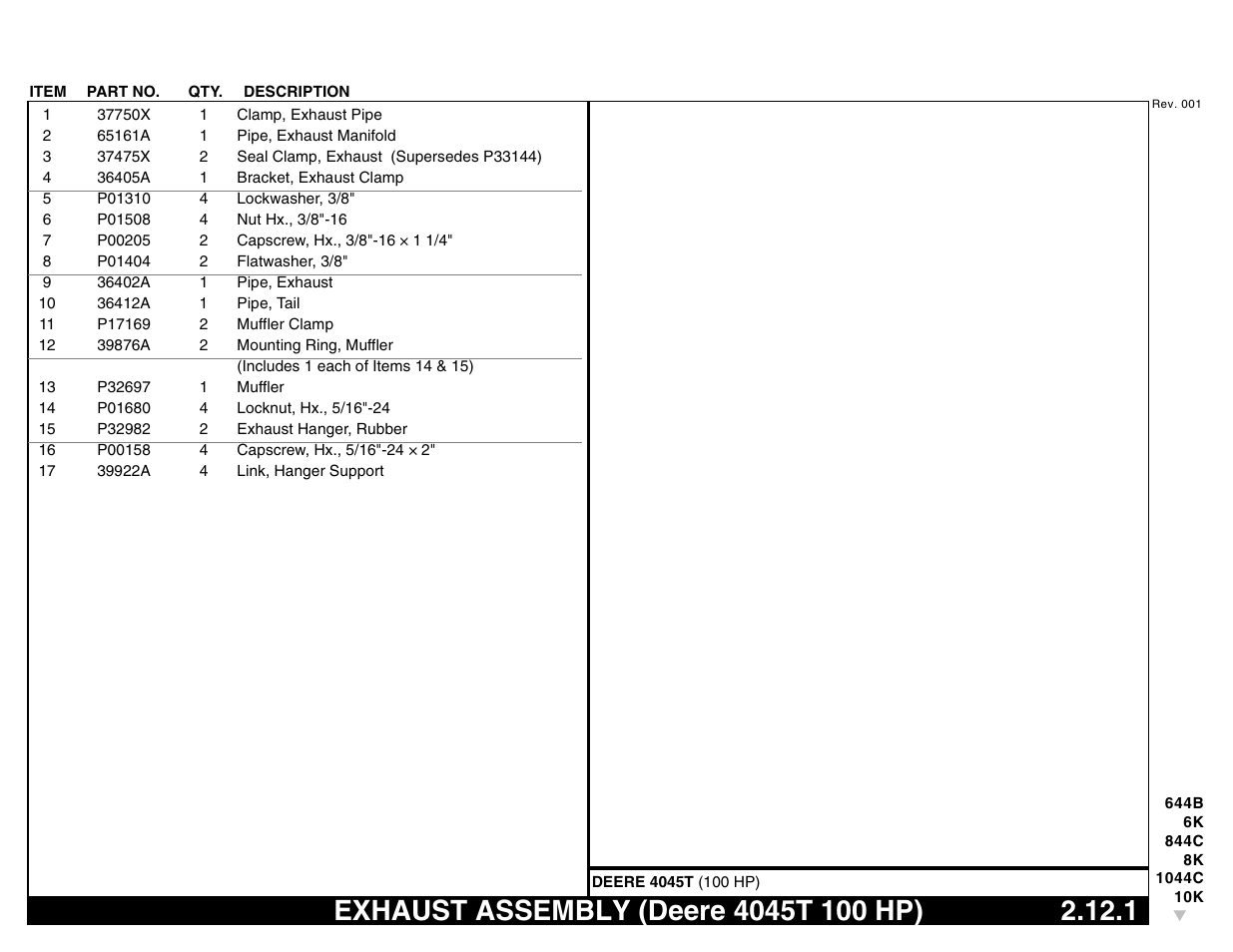 Exhaust assembly (deere 4045t 100 hp) 2.12.1, Exhaust assembly (deere 4045t 100 hp) | Lull 644B Parts Manual User Manual | Page 167 / 792