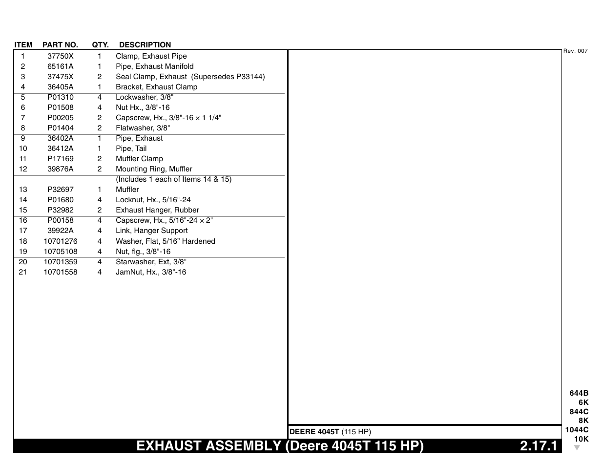 Exhaust assembly (deere 4045t 115 hp) 2.17.1, Exhaust assembly (deere 4045t 115 hp) | Lull 644B Parts Manual User Manual | Page 177 / 792