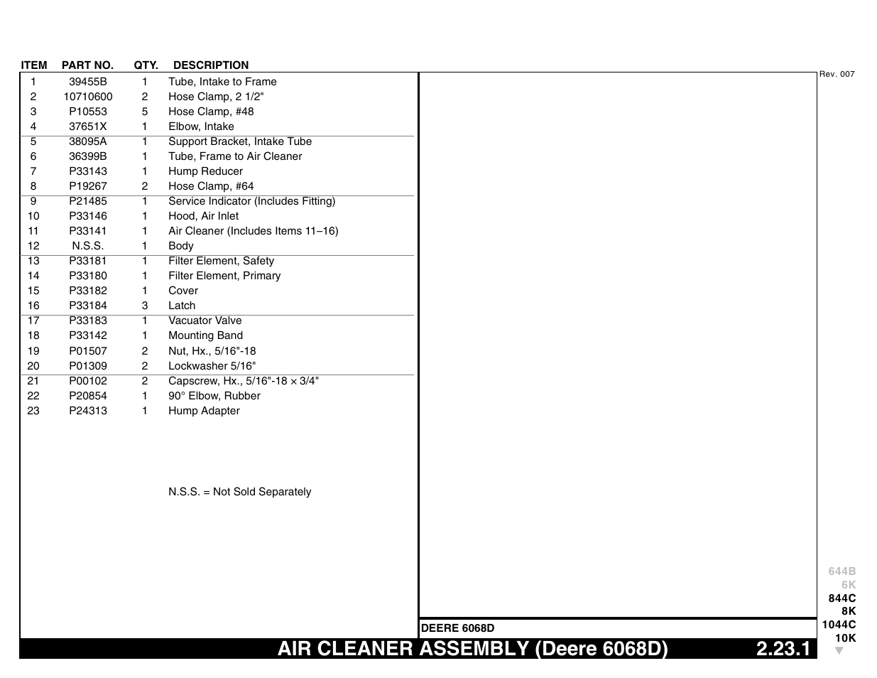 Air cleaner assembly (deere 6068d) 2.23.1, Air cleaner assembly (deere 6068d) | Lull 644B Parts Manual User Manual | Page 191 / 792