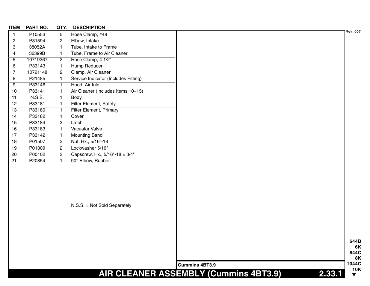 Air cleaner assembly (cummins 4bt3.9) 2.33.1, Air cleaner assembly (cummins 4bt3.9) | Lull 644B Parts Manual User Manual | Page 219 / 792