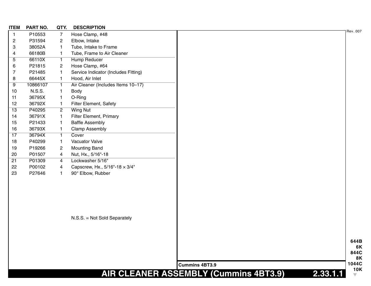 Air cleaner assembly (cummins 4bt3.9) 2.33.1.1, Air cleaner assembly (cummins 4bt3.9) | Lull 644B Parts Manual User Manual | Page 221 / 792