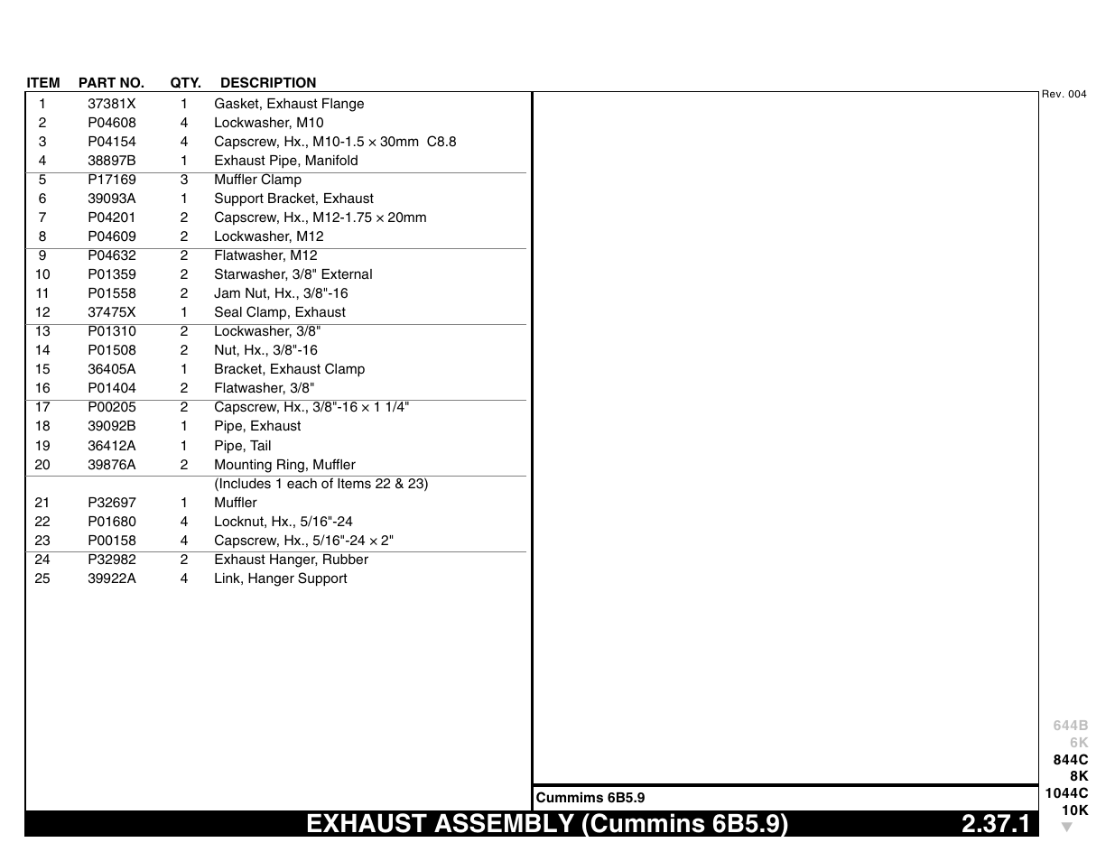 Exhaust assembly (cummins 6b5.9) 2.37.1, Exhaust assembly (cummins 6b5.9) | Lull 644B Parts Manual User Manual | Page 235 / 792