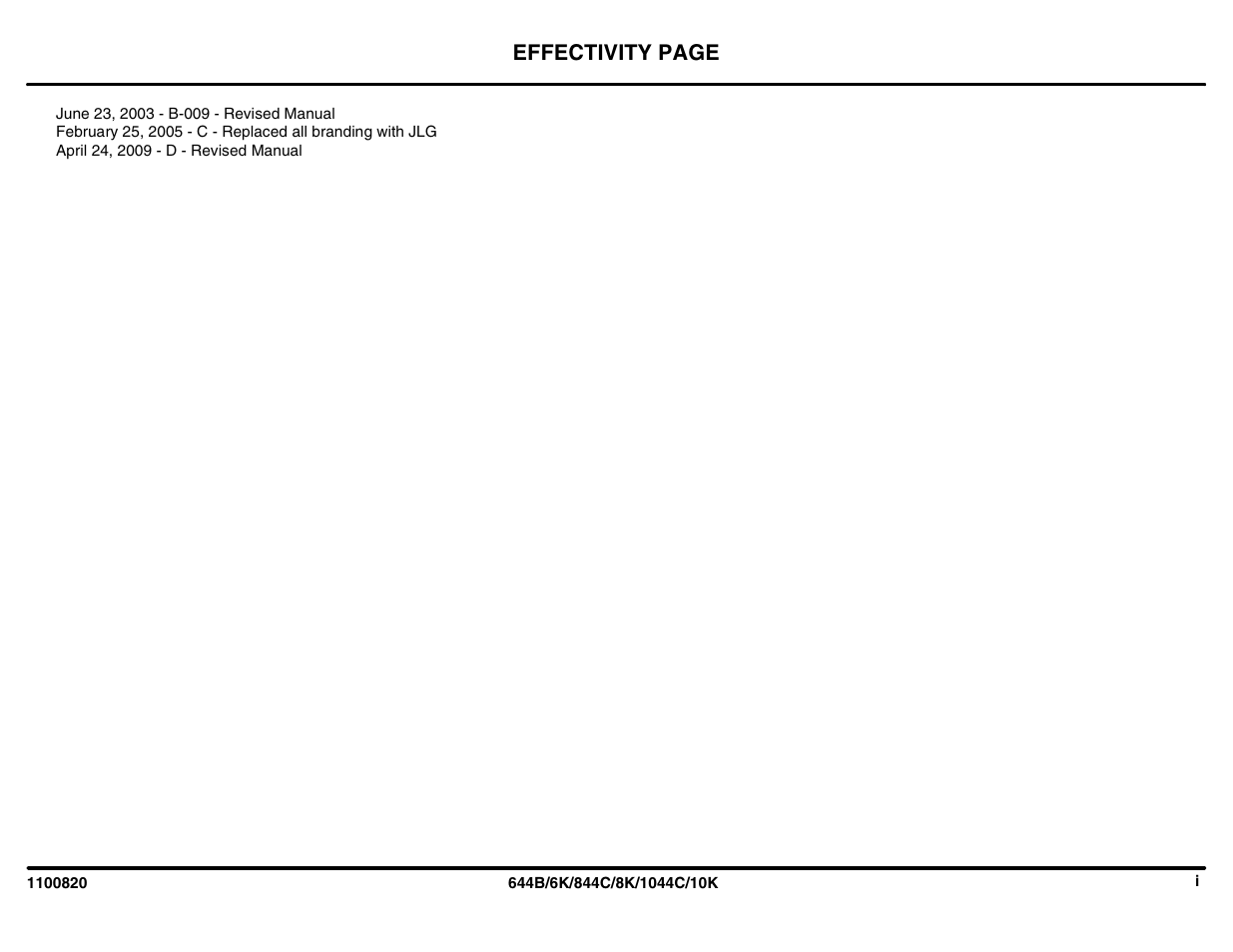 Effectivity page | Lull 644B Parts Manual User Manual | Page 3 / 792