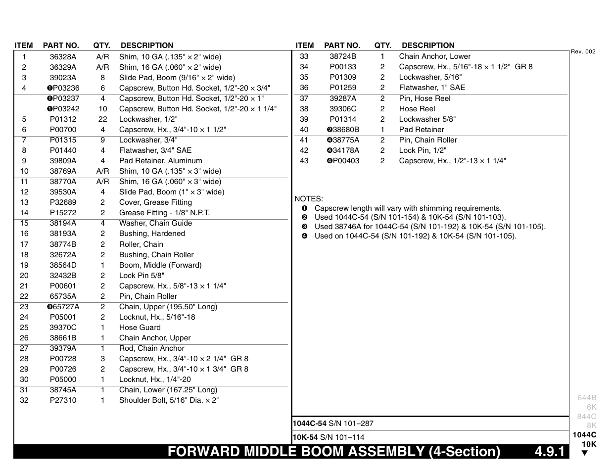 Forward middle boom assembly (4-section) 4.9.1, Forward middle boom assembly (4-section) | Lull 644B Parts Manual User Manual | Page 335 / 792