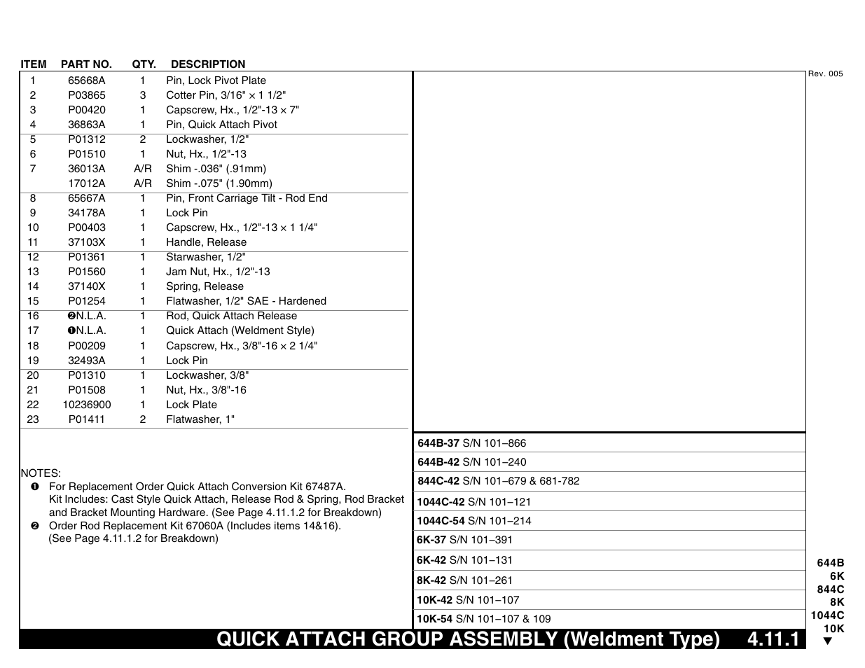 Quick attach group assembly (weldment type) 4.11.1, Quick attach group assembly (weldment type) | Lull 644B Parts Manual User Manual | Page 343 / 792