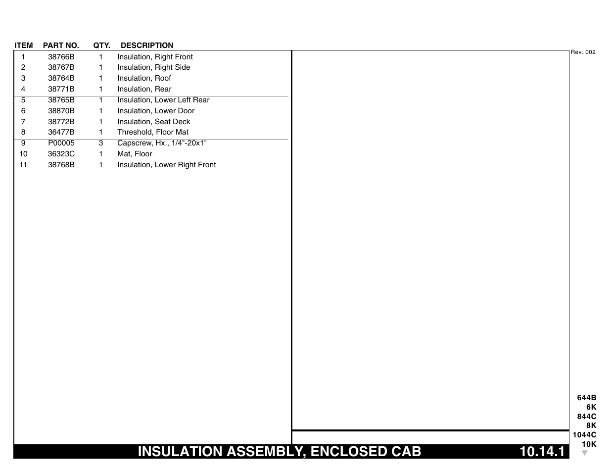 Insulation assembly, enclosed cab 10.14.1, Insulation assembly, enclosed cab | Lull 644B Parts Manual User Manual | Page 695 / 792