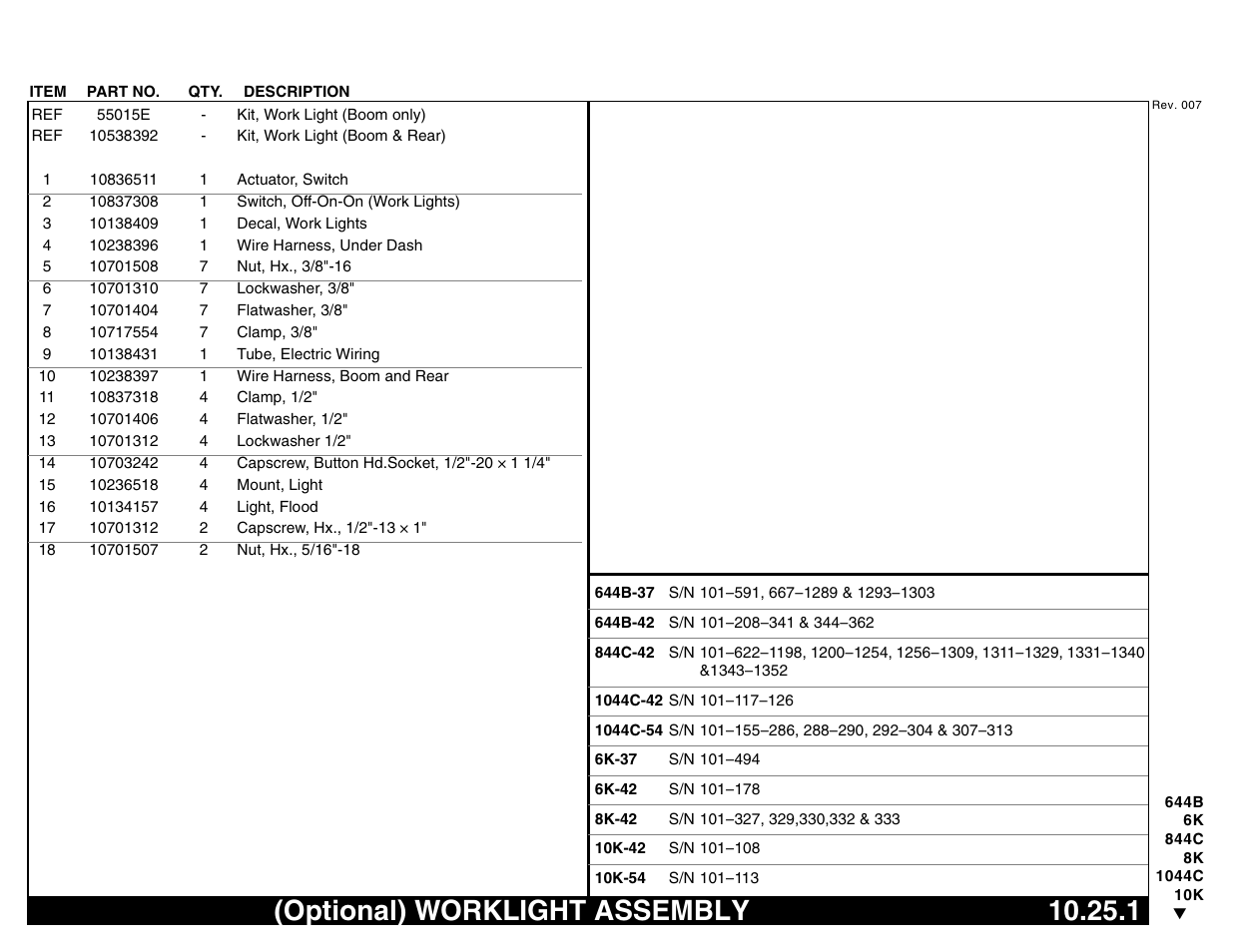 Optional) worklight assembly 10.25.1, Optional) worklight assembly | Lull 644B Parts Manual User Manual | Page 709 / 792