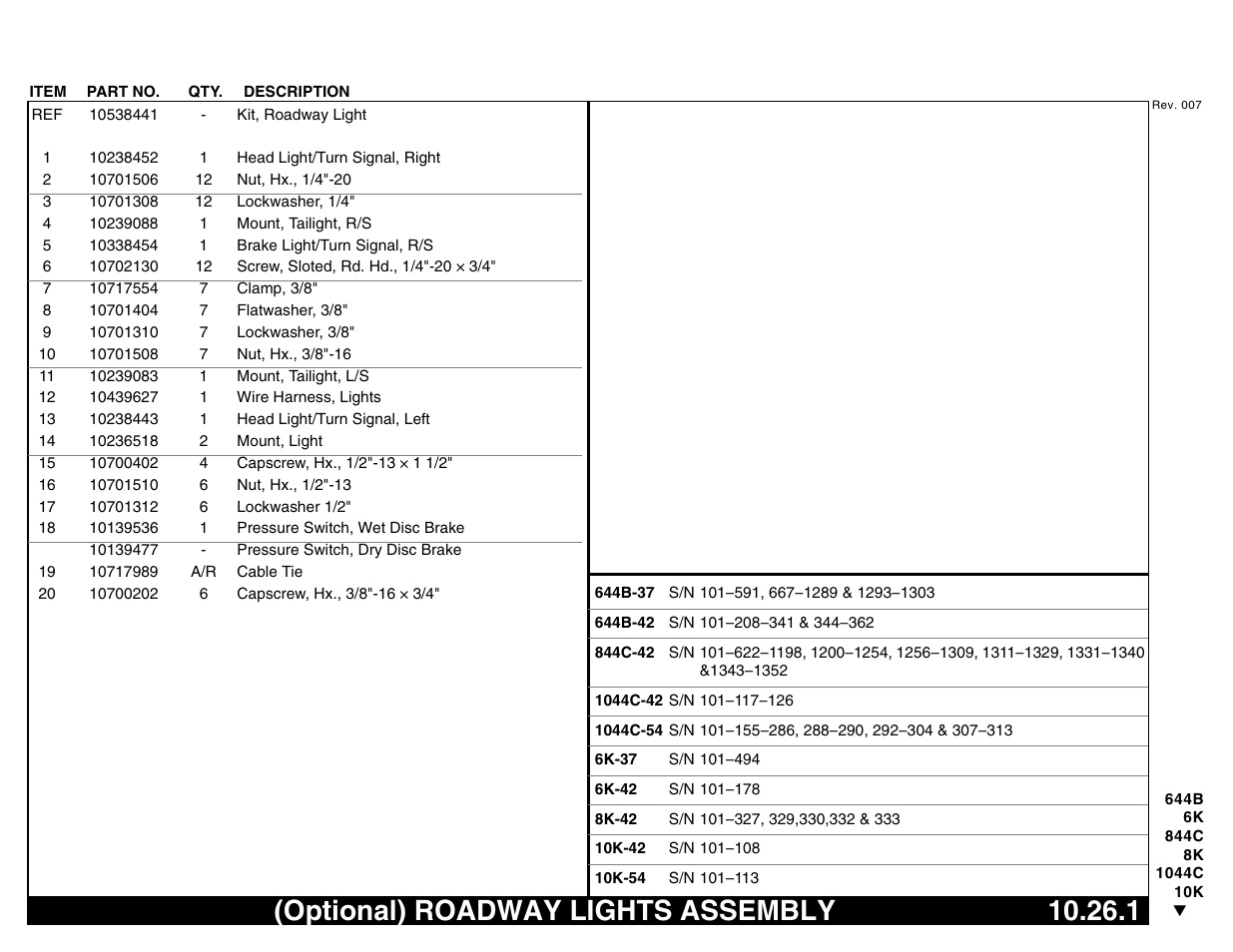 Optional) roadway lights assembly 10.26.1, Optional) roadway lights assembly | Lull 644B Parts Manual User Manual | Page 713 / 792