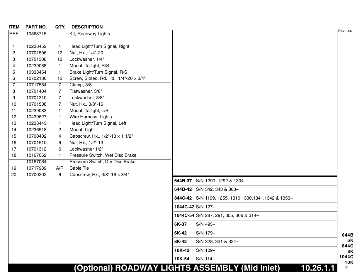 Optional) roadway lights assembly (mid inlet) | Lull 644B Parts Manual User Manual | Page 715 / 792