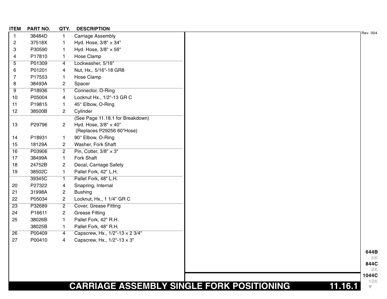 Carriage assembly single fork positioning 11.16.1, Carriage assembly single fork positioning | Lull 644B Parts Manual User Manual | Page 753 / 792