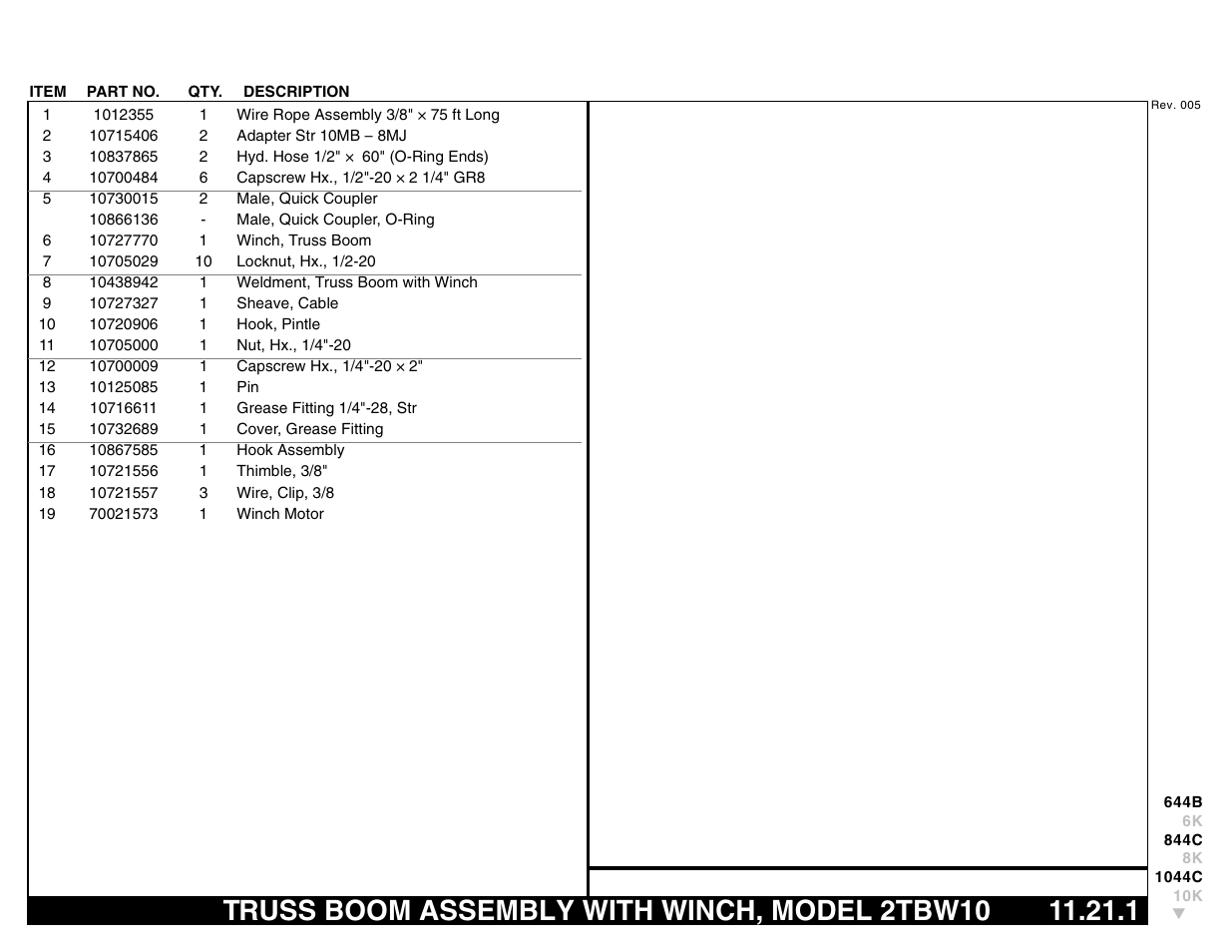 Truss boom assembly with winch, model 2tbw10 | Lull 644B Parts Manual User Manual | Page 761 / 792