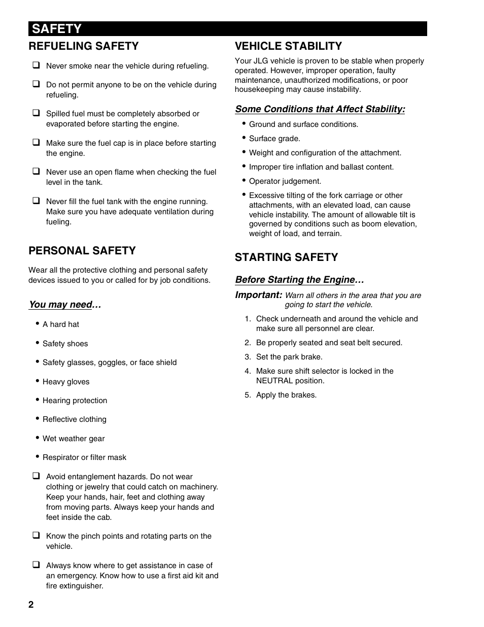 Refueling safety, Personal safety, Vehicle stability | Starting safety, Safety | Lull 1044C-54 Series II Operation Manual User Manual | Page 10 / 50