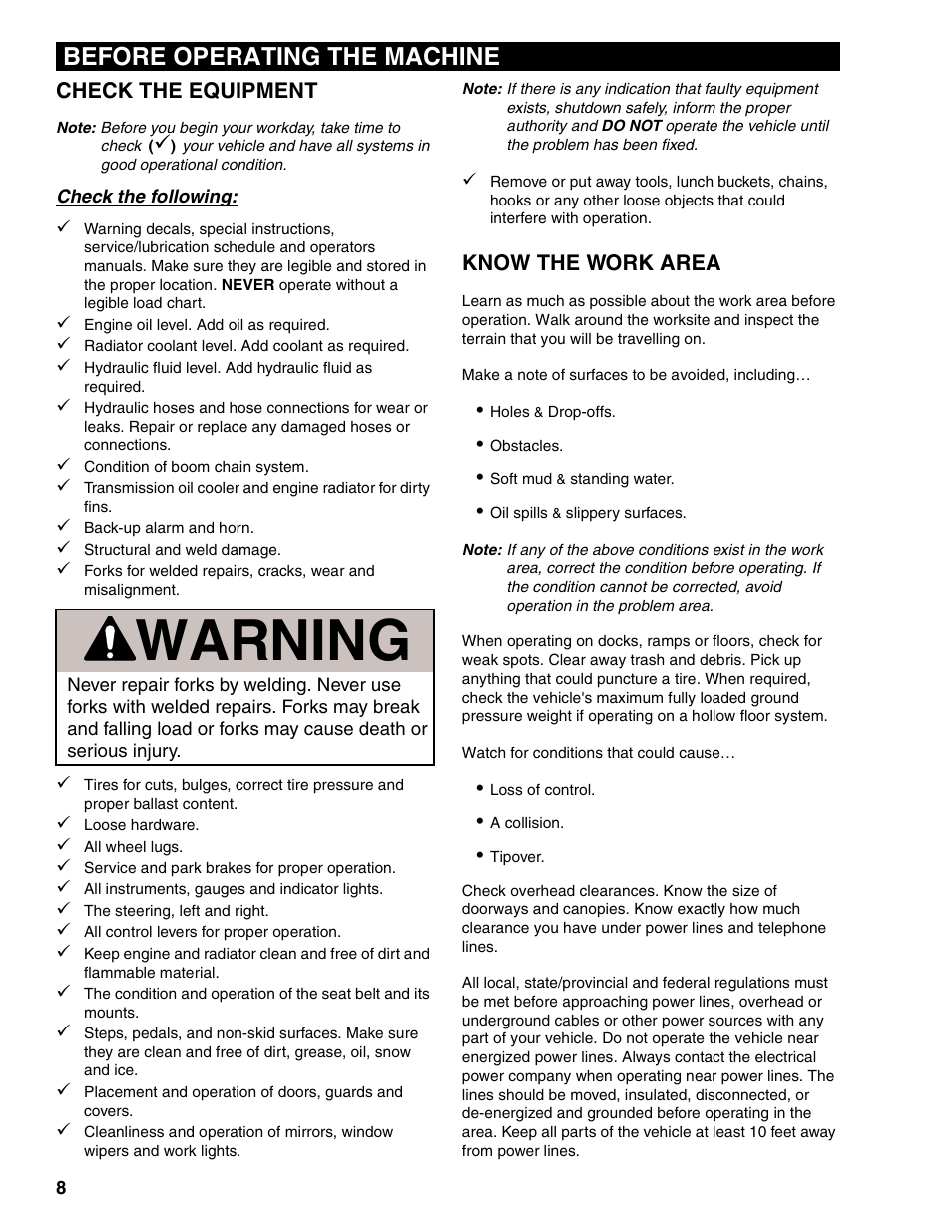 Before operating the machine, Check the equipment, Know the work area | Warning | Lull 1044C-54 Series II Operation Manual User Manual | Page 16 / 50