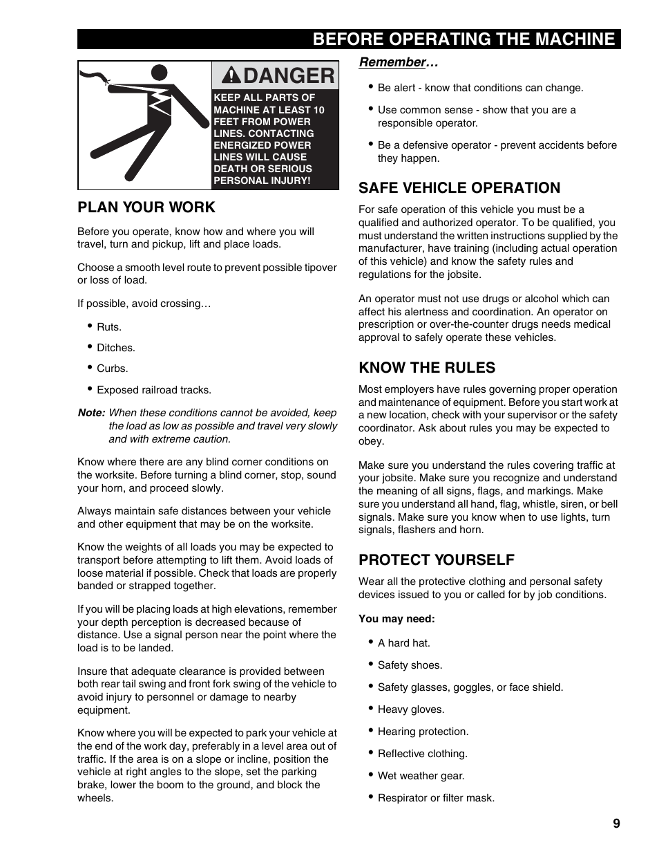 Plan your work, Safe vehicle operation, Know the rules | Protect yourself, Danger, Before operating the machine | Lull 1044C-54 Series II Operation Manual User Manual | Page 17 / 50