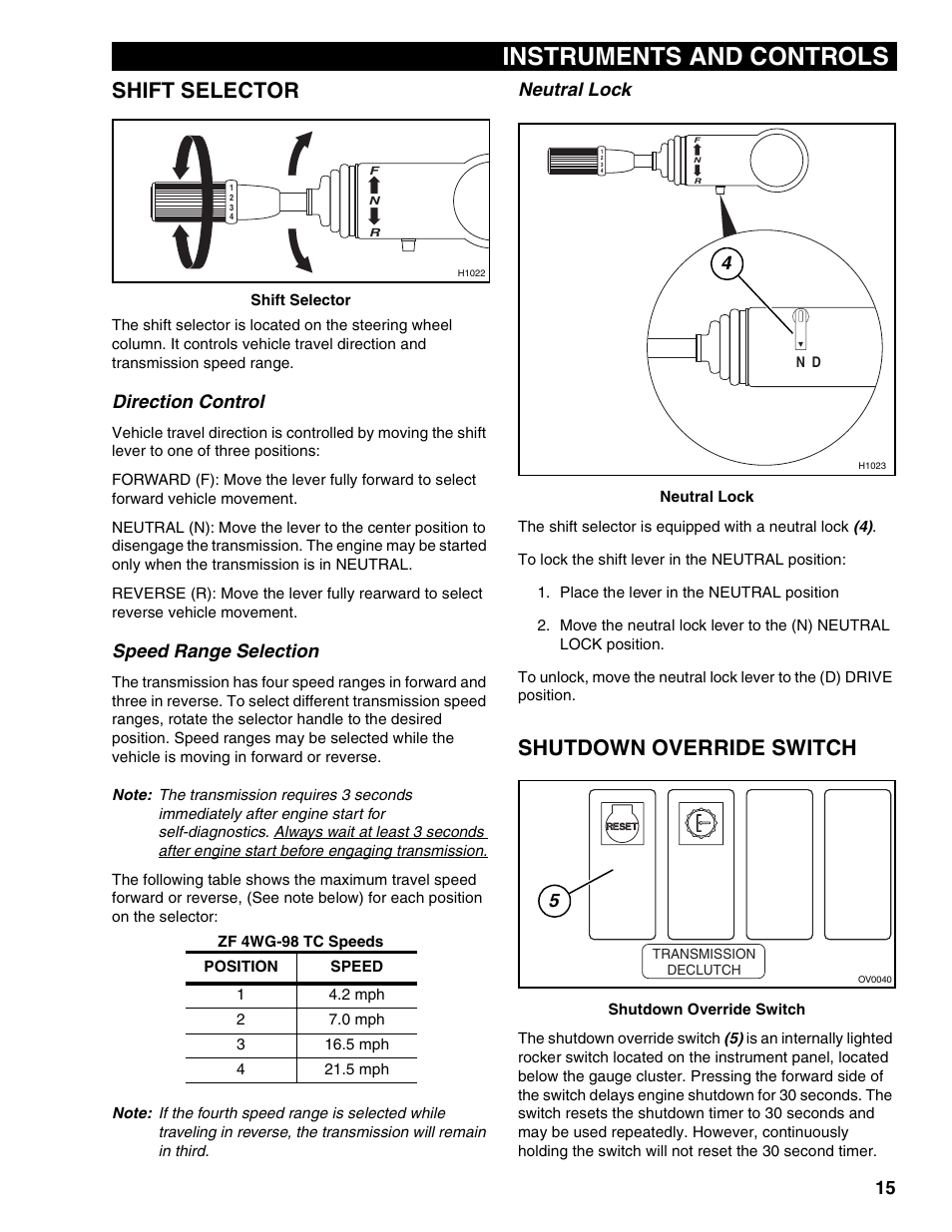 Shift selector, Shutdown override switch, Direction control | Speed range selection, Neutral lock, Instruments and controls | Lull 1044C-54 Series II Operation Manual User Manual | Page 23 / 50