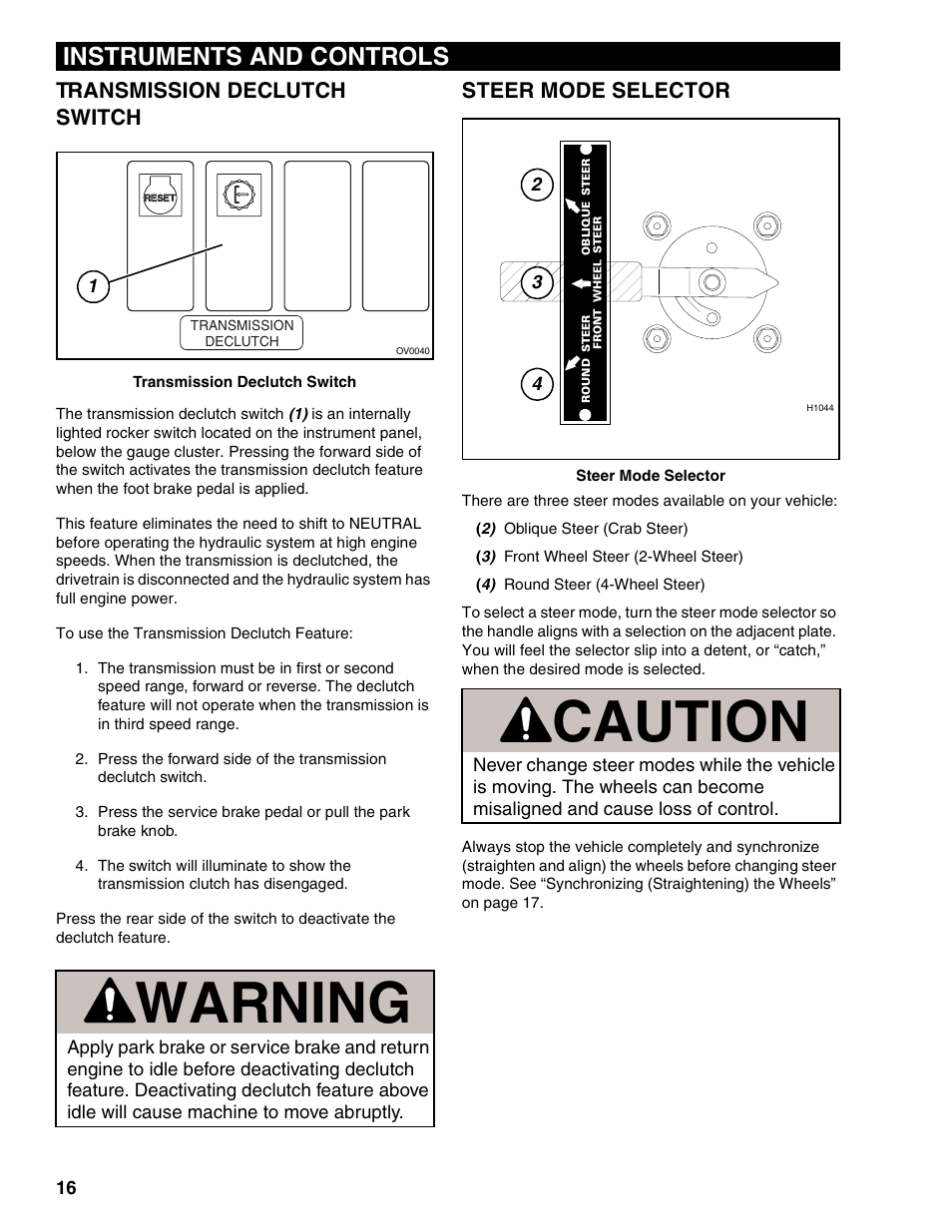 Transmission declutch switch, Steer mode selector, Warning | Caution, Instruments and controls | Lull 1044C-54 Series II Operation Manual User Manual | Page 24 / 50