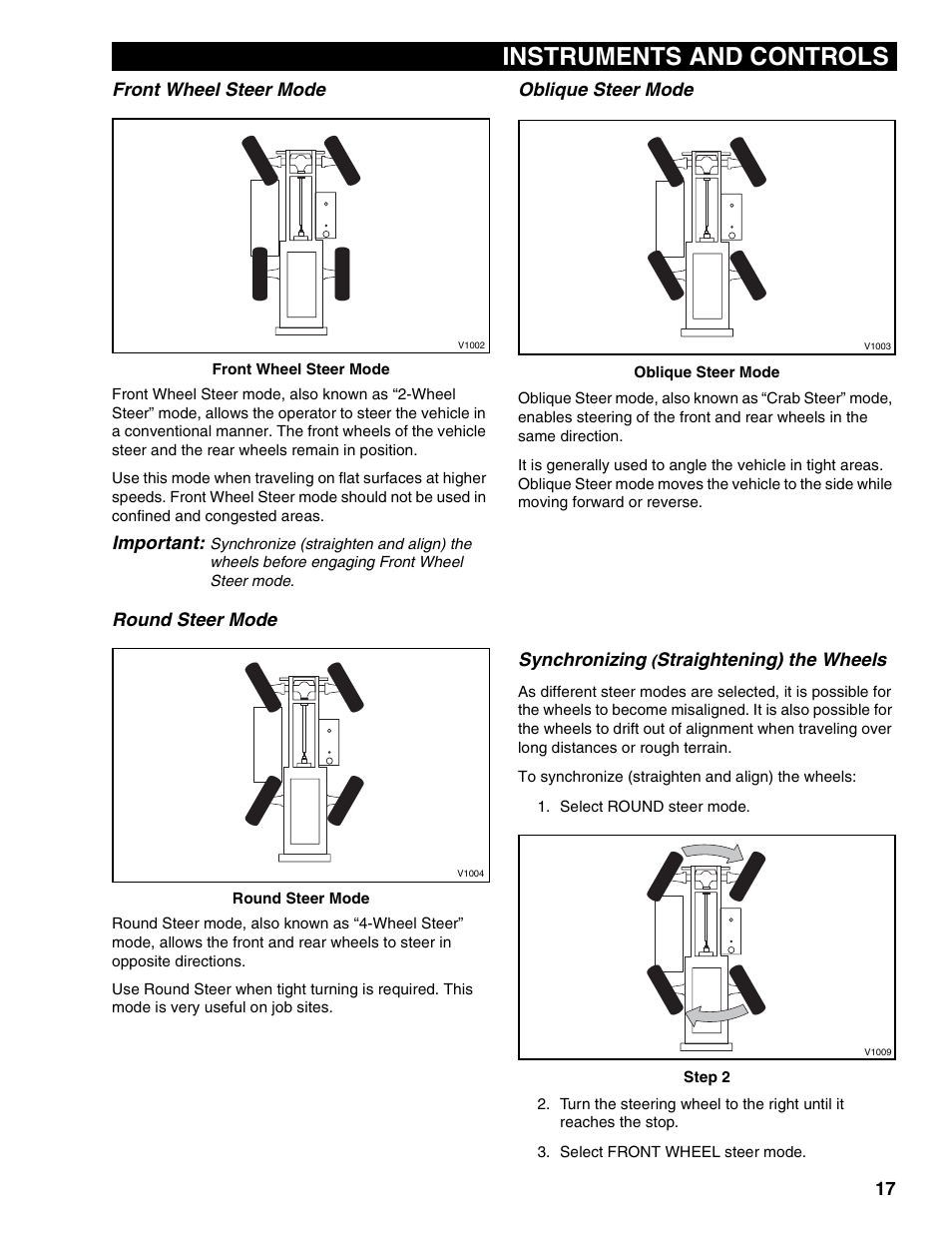 Front wheel steer mode, Round steer mode, Oblique steer mode | Synchronizing (straightening) the wheels . 17, Instruments and controls | Lull 1044C-54 Series II Operation Manual User Manual | Page 25 / 50